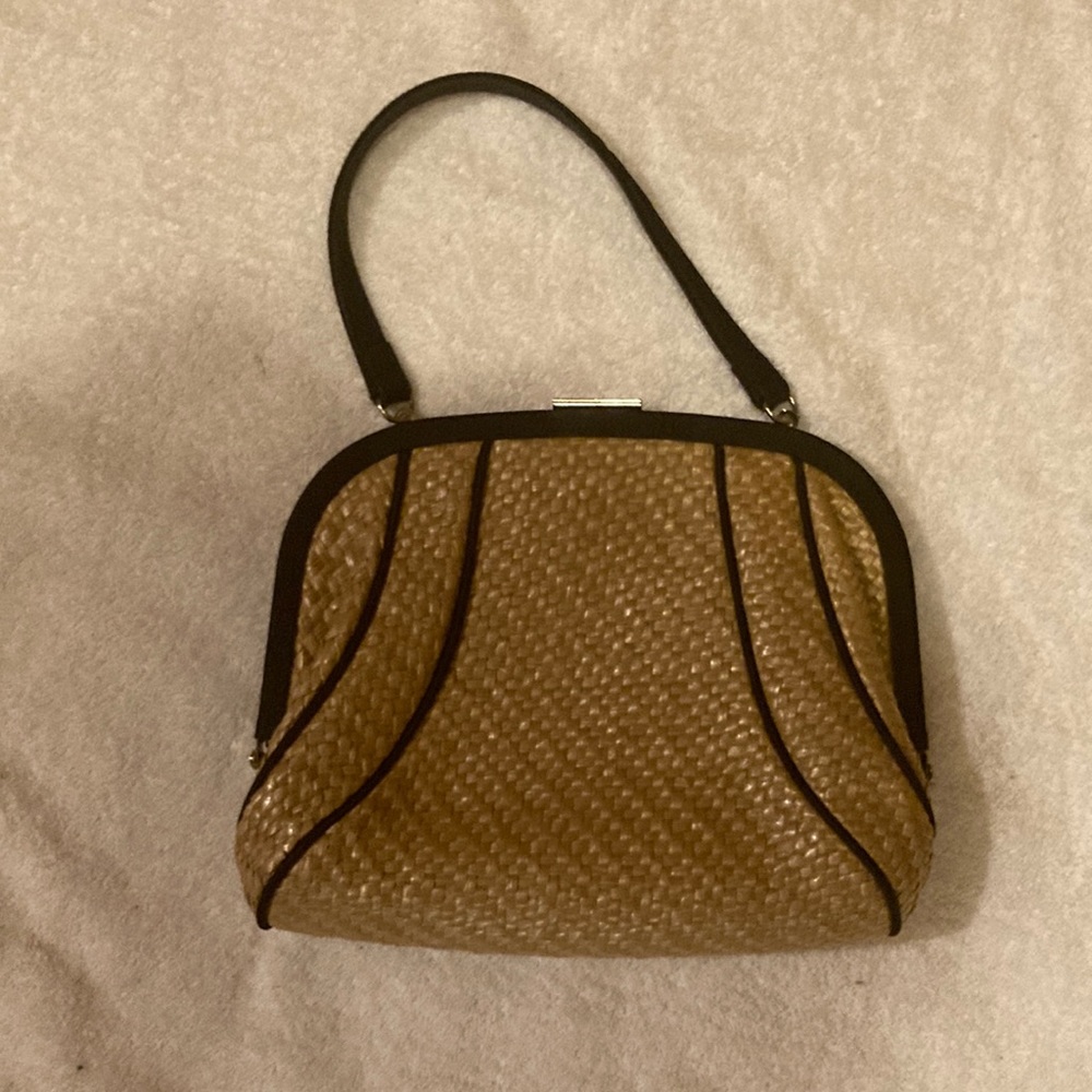 Woven Straw LOFT Purse with Black Cloth Handle and Accents